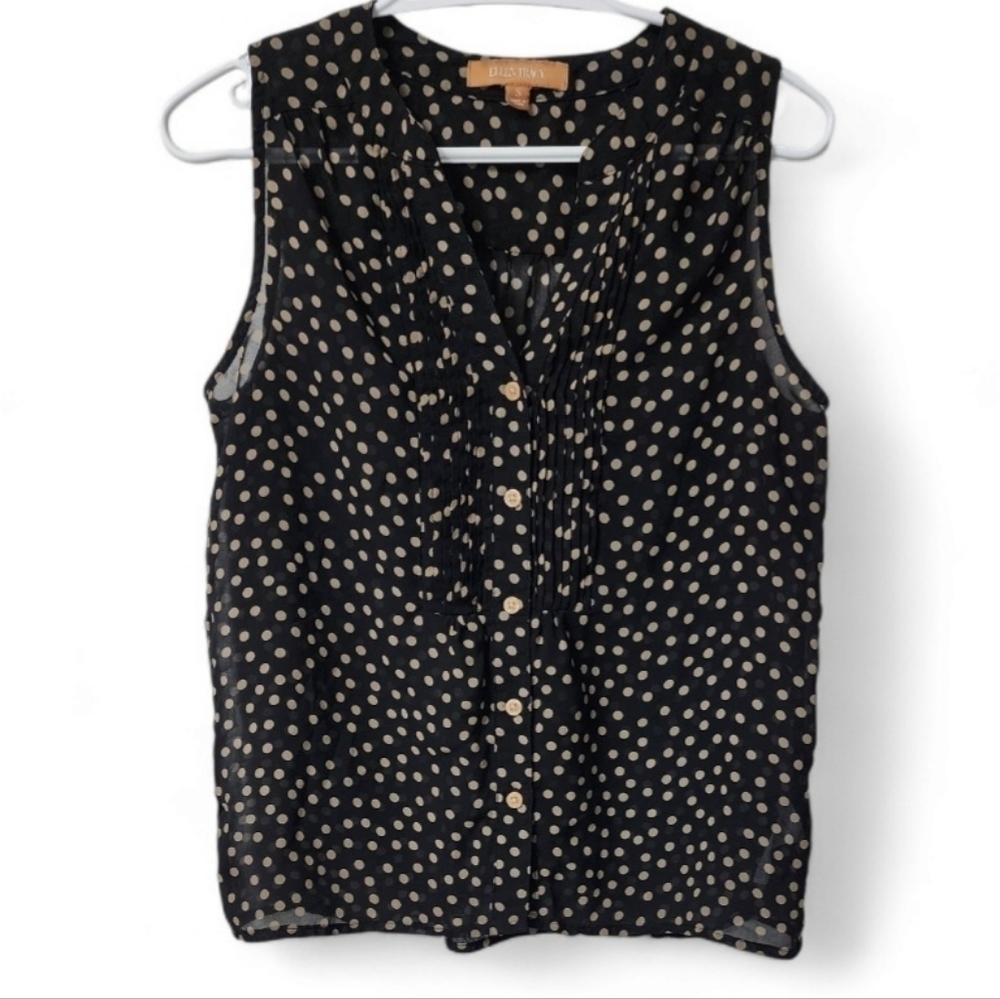Ellen Tracy sheer polka dot sleeveless v neck button down blouse top
